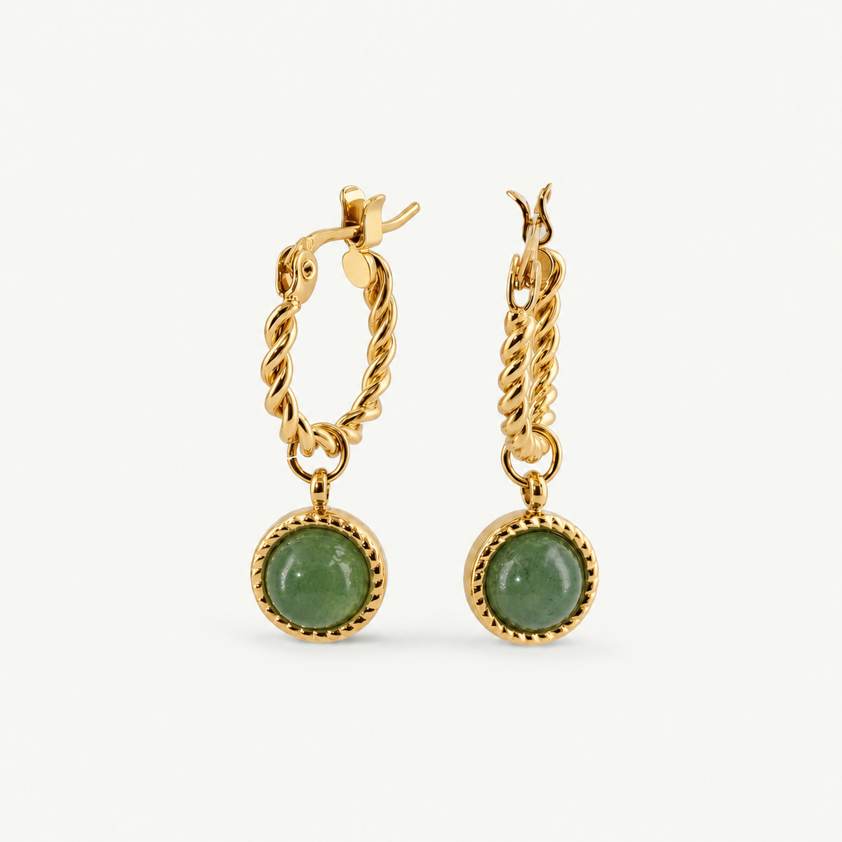 Green Jade Hoop Earrings - Waterproof Gold Hoops