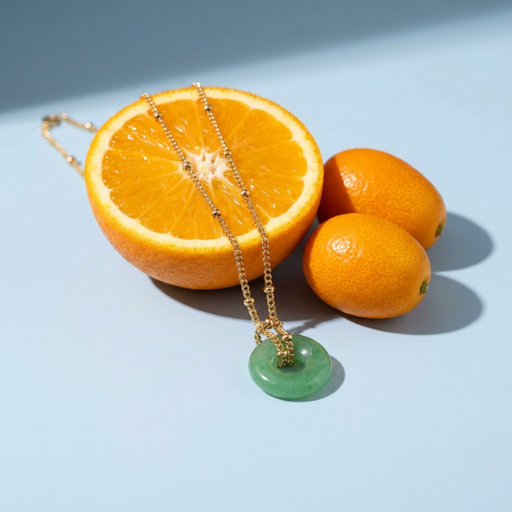 Green Jade Loop Necklace on a pale blue backdrop beside a halved orange and two kumquats