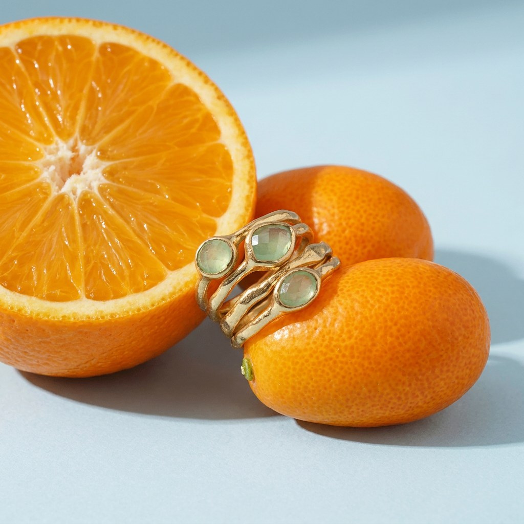 Green Stone Multi Row Ring on a pale blue backdrop beside a halved orange and two kumquats