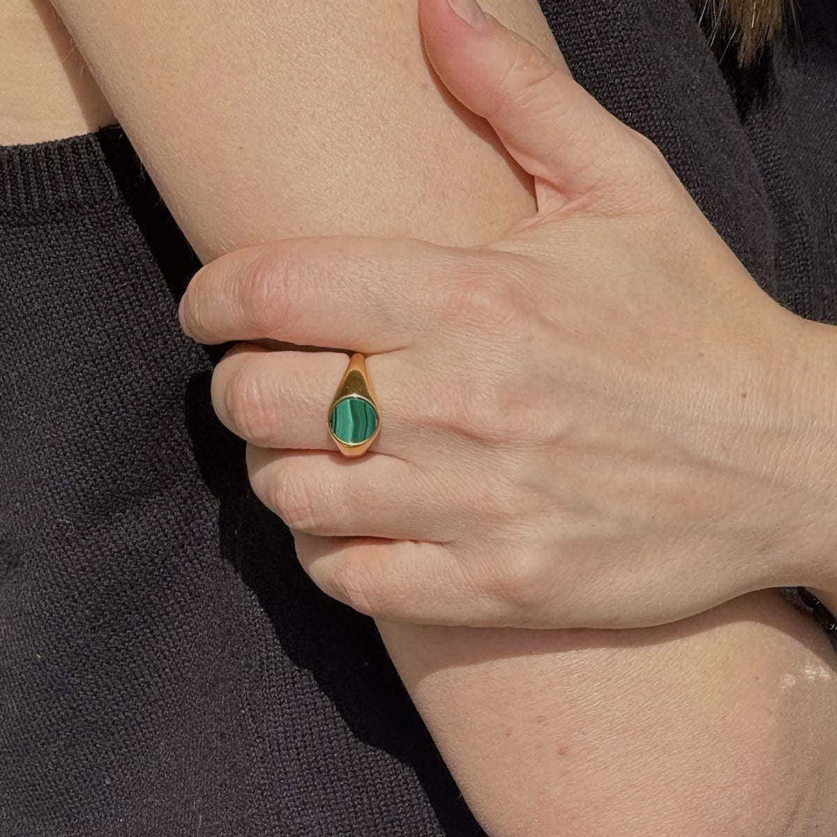 Waterproof Malachite Signet Ring, 18k gold-plated stainless steel