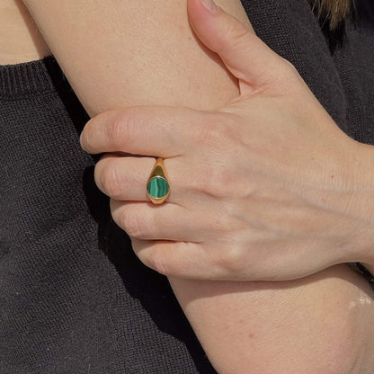 Waterproof Malachite Signet Ring, 18k gold-plated stainless steel
