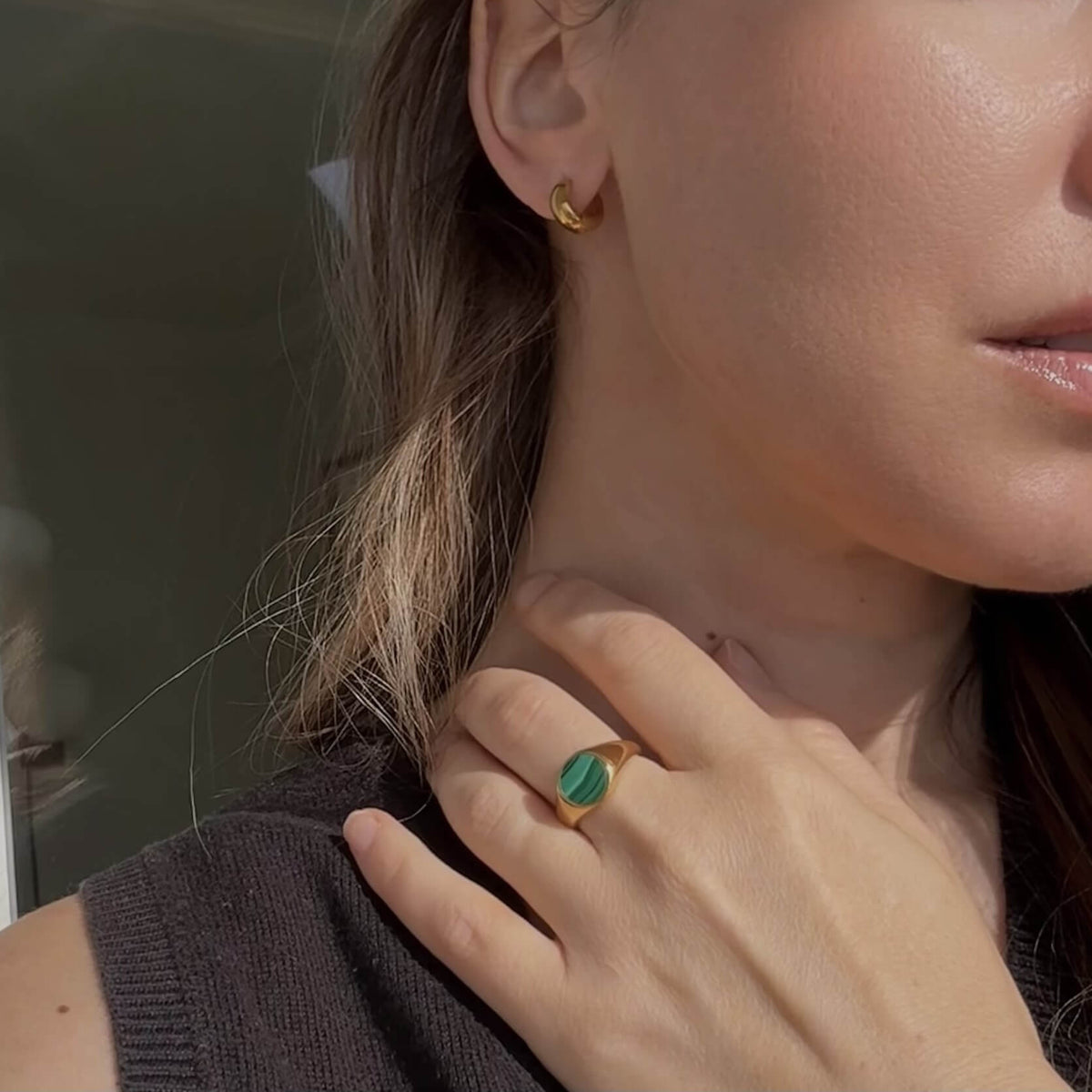 Waterproof Malachite Signet Ring, 18k gold-plated stainless steel