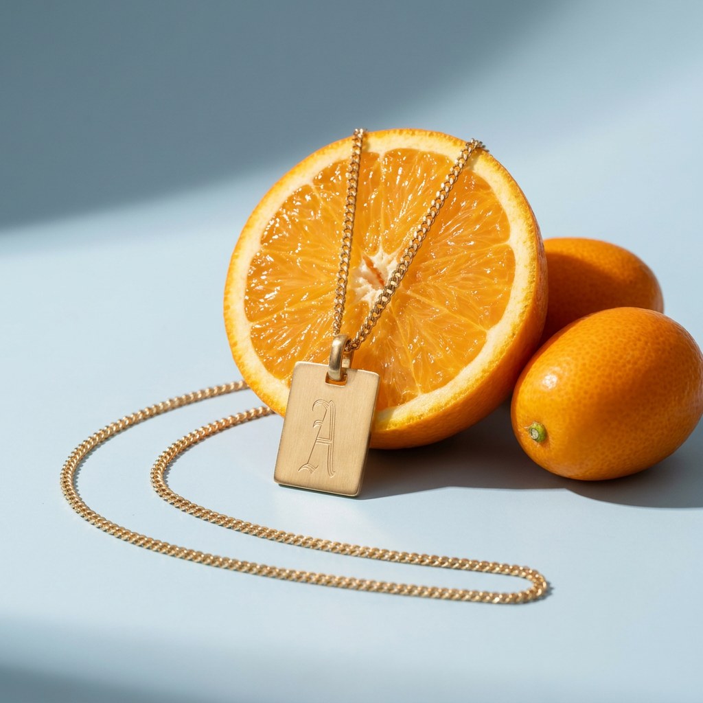 Hypoallergenic Old English Initial Tag Necklace on a pale blue backdrop beside a halved orange and two kumquats