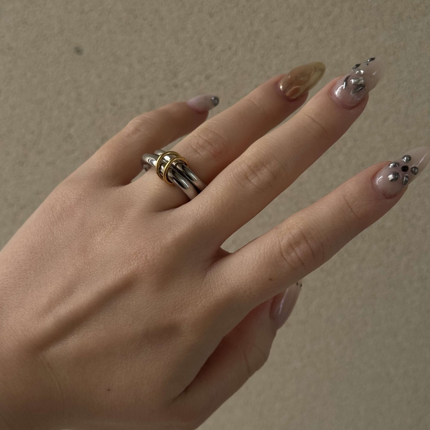 Mixed Metal 2-Link Chain Ring, waterproof 18k gold-plated stainless steel