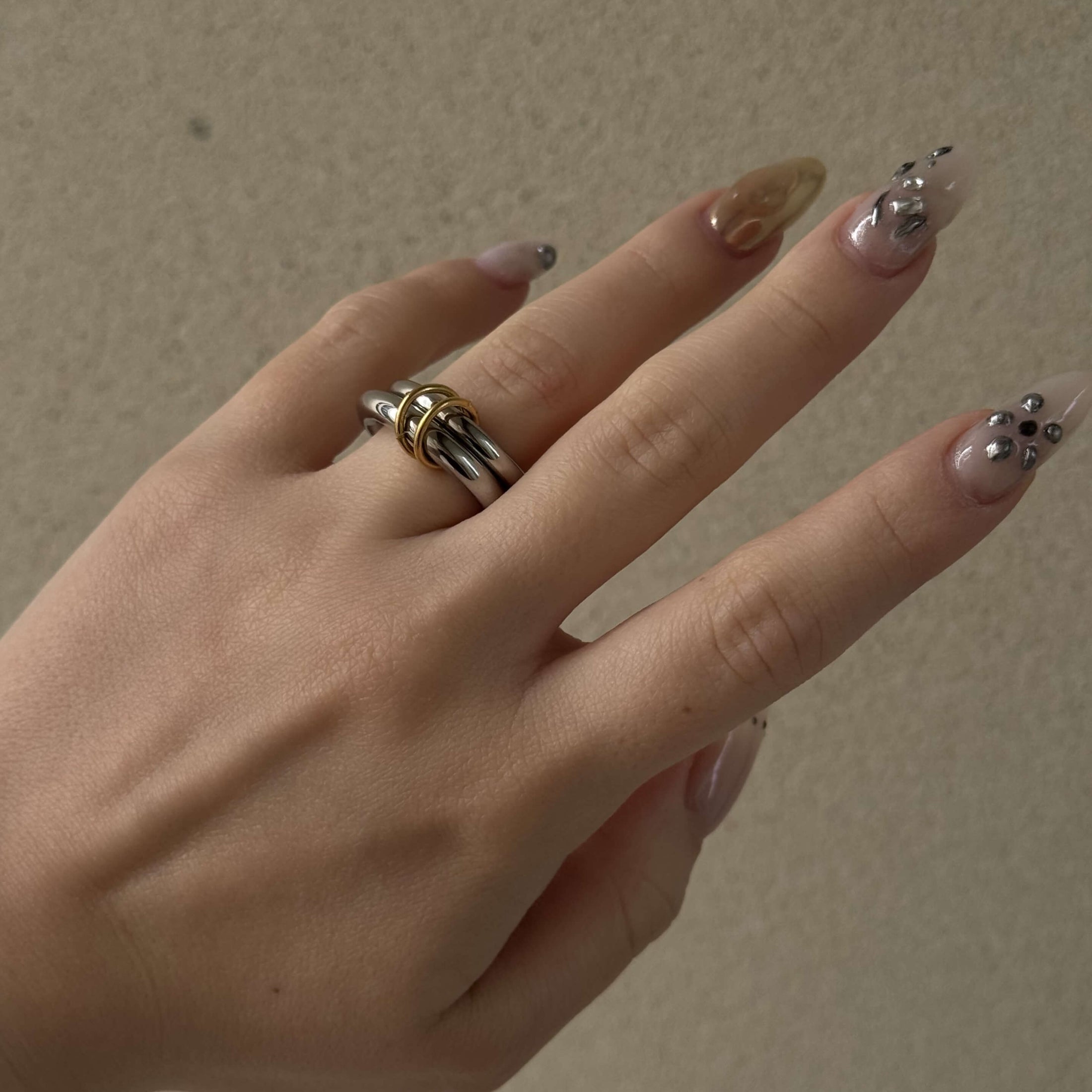 Mixed Metal 2-Link Chain Ring, waterproof 18k gold-plated stainless steel