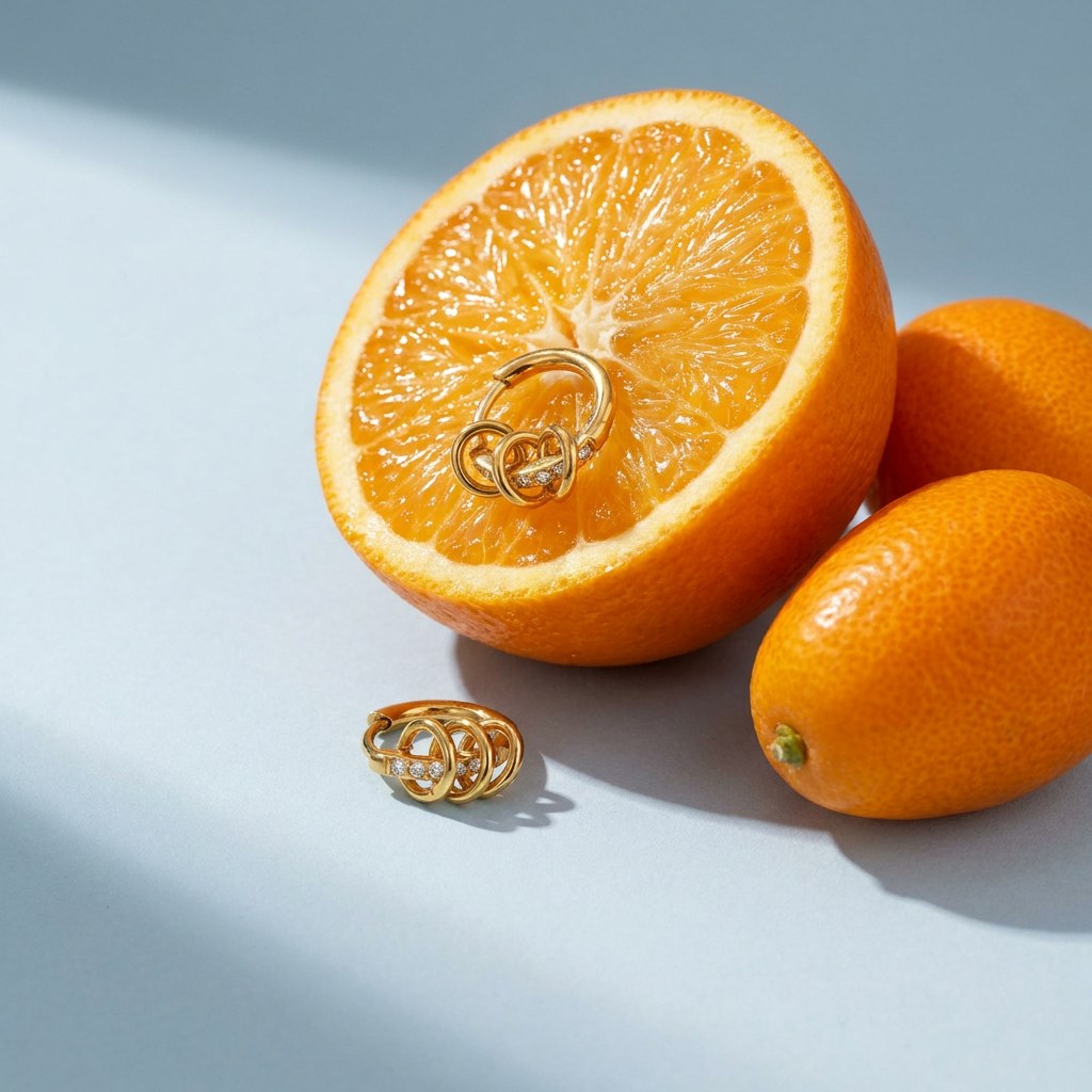 Interlocking Pave Hoops on a pale blue backdrop beside a halved orange and two kumquats