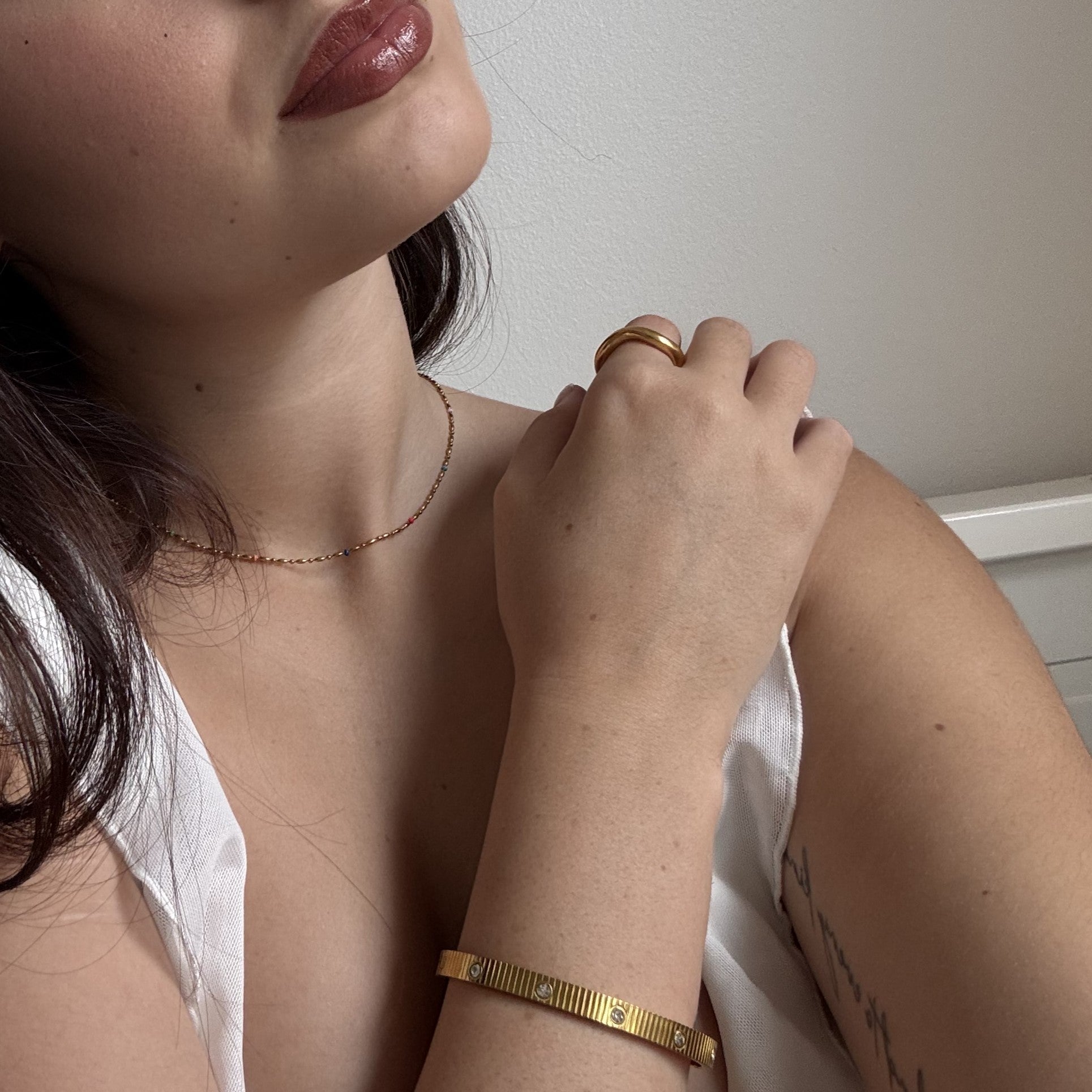 Rainbow Rice Bead Chain Necklace, waterproof 18k gold-plated stainless steel