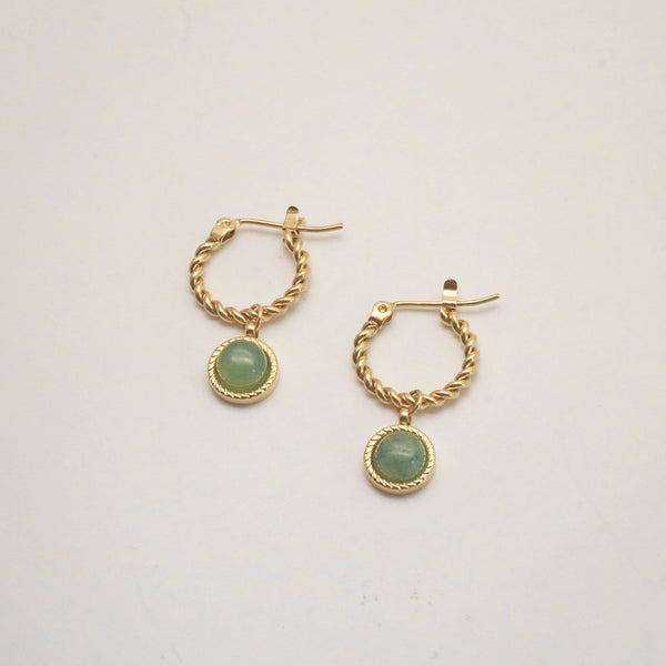 Green Jade Hoop Earrings - Waterproof Gold Hoops