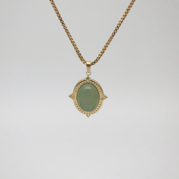 Waterproof 18k Gold Plated Oval Jade Necklace