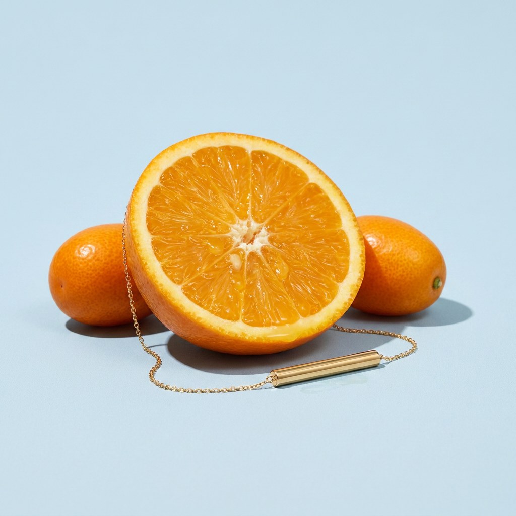 Kiva Chain Bracelet on a pale blue backdrop beside a halved orange and two kumquats