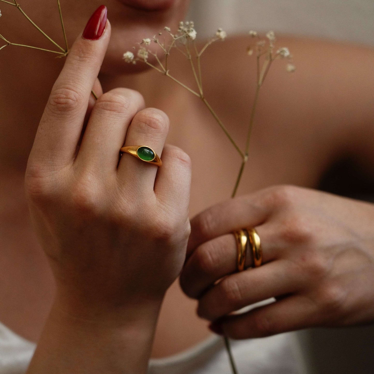 Green Cats Eye Ring, waterproof 18k gold-plated stainless steel
