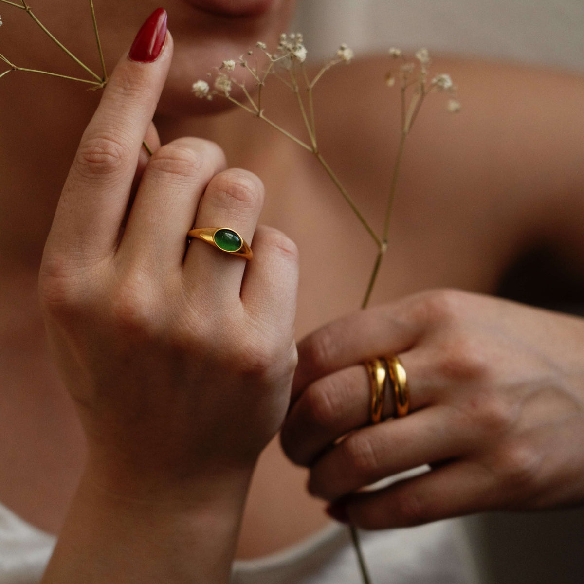 Green Cats Eye Ring, waterproof 18k gold-plated stainless steel