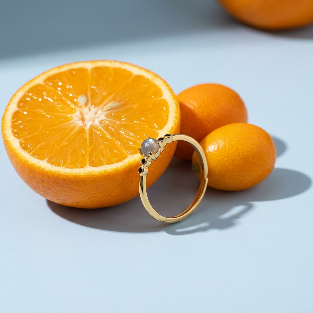 Labradorite & Black CZ Adjustable Ring on a pale blue backdrop beside a halved orange and two kumquats