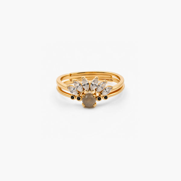 Labradorite Ring + Contour Gemstone Band – Adjustable Stack
