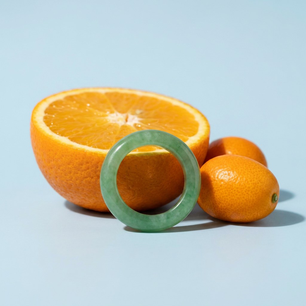 Light Green Jade Band Ring on a pale blue backdrop beside a halved orange and two kumquats