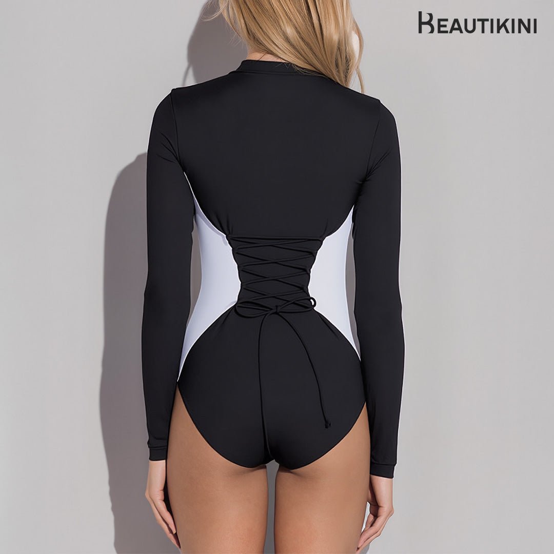 Long - Sleeve Shaping Swimsuit - Black & White - Stylr