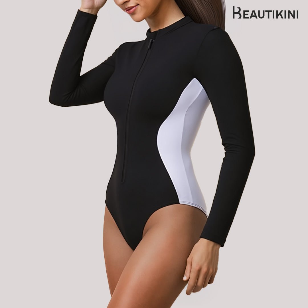 Long - Sleeve Shaping Swimsuit - Black & White - Stylr