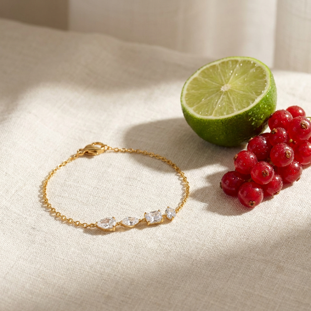 Mixed Cut Diamond Bracelet — Waterproof Gold Chain styled still life