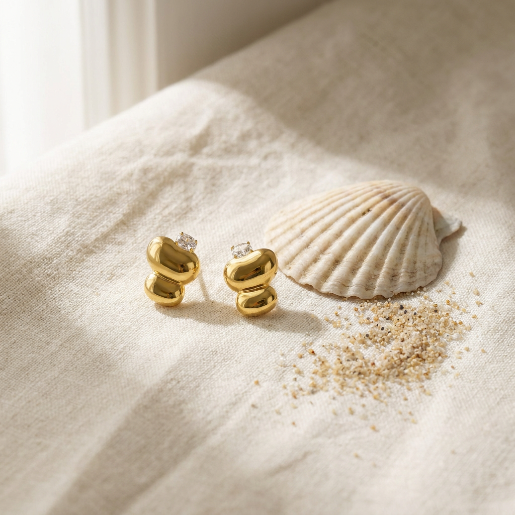 Molten Stud Earrings — Waterproof Gold Plated Studs styled still life