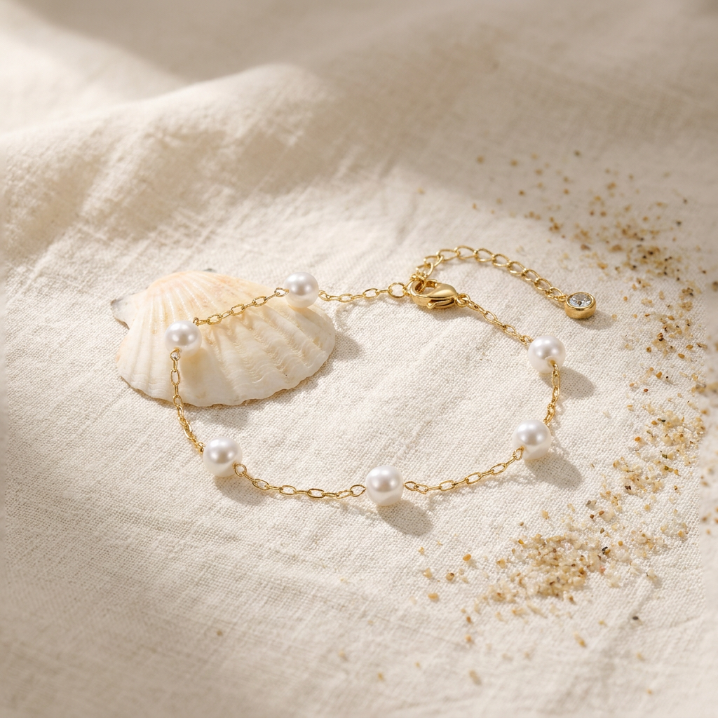 Pearl Station Anklet — Waterproof Gold Anklet styled still life