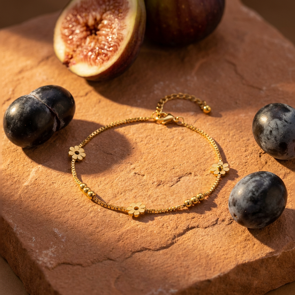 Daisy Chain Anklet - Waterproof Gold Daisies styled still life