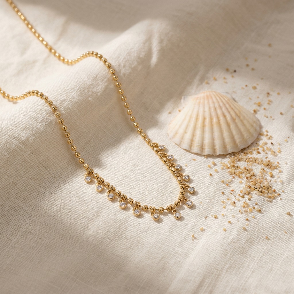 Crystal Fringe Necklace – Waterproof Gold Plated Jewelry styled still life