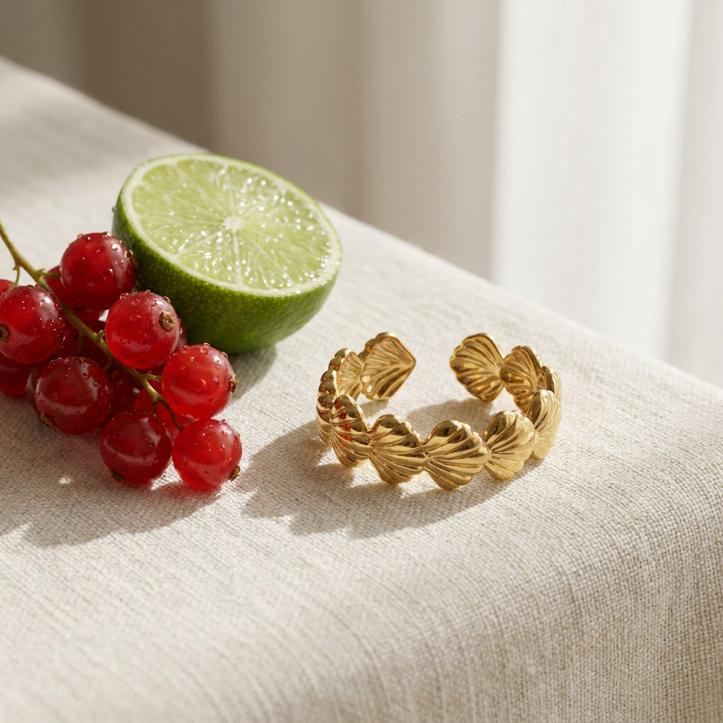 Scallop Shell Band Ring – Adjustable & Waterproof styled still life