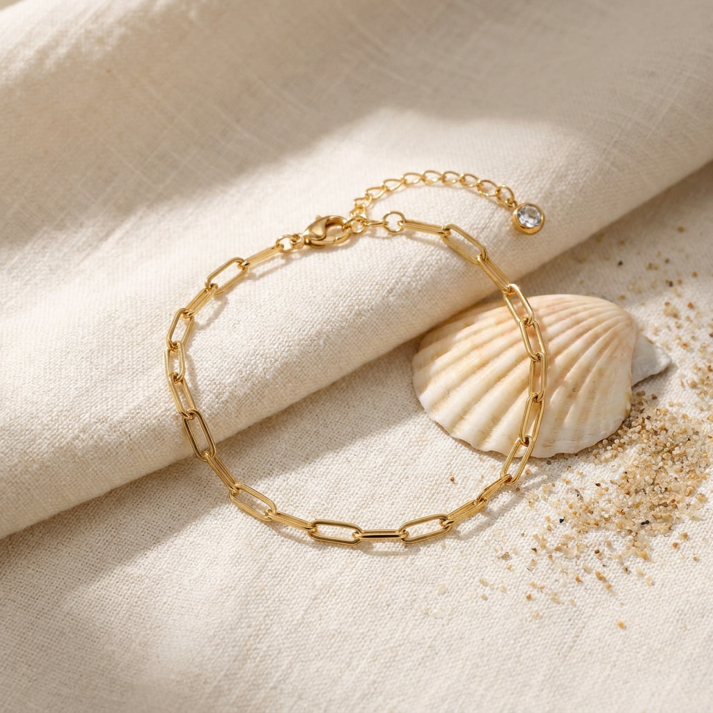 Paperclip Chain Anklet — Waterproof Gold styled still life