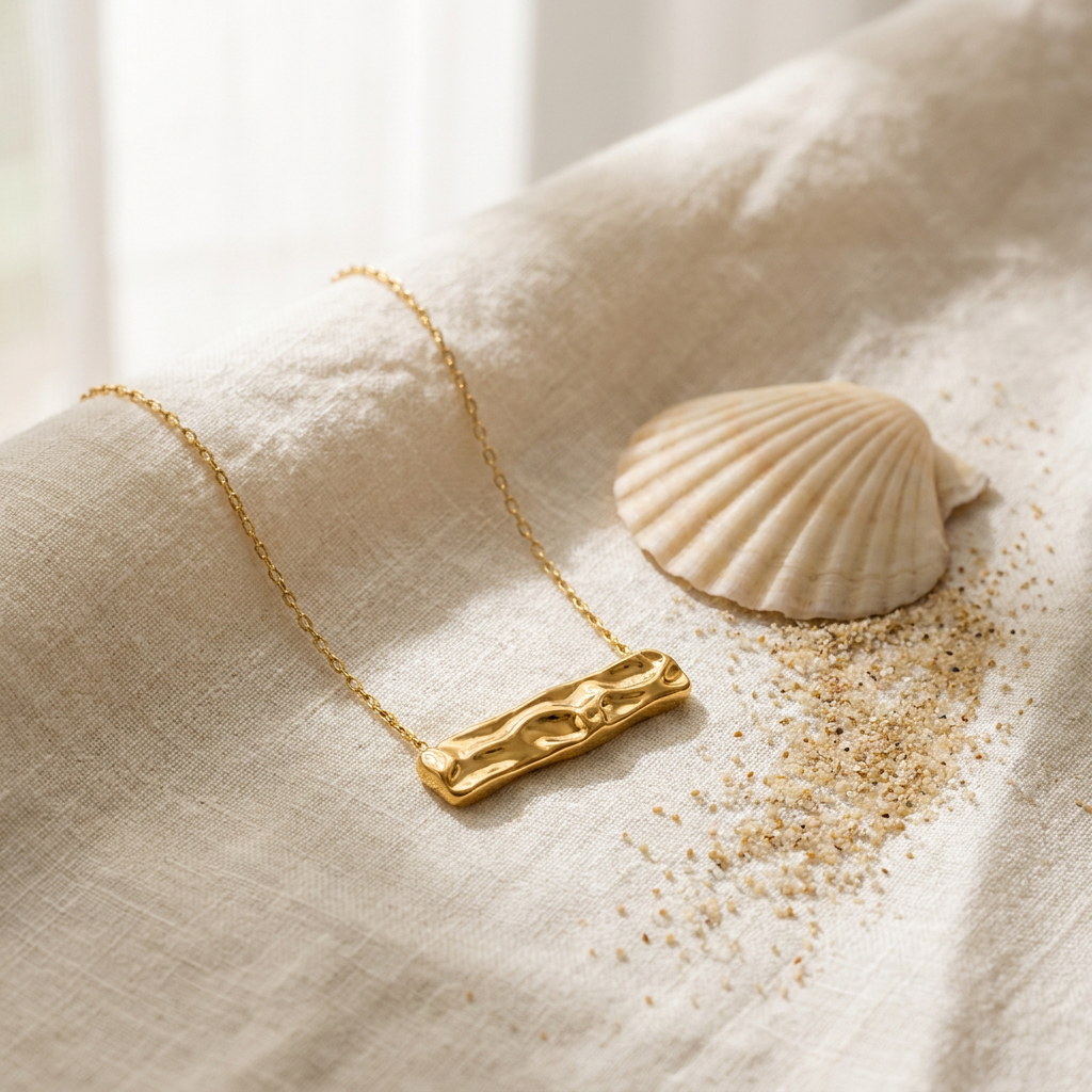 Hammered Rectangle Necklace - Waterproof Gold Plated styled still life