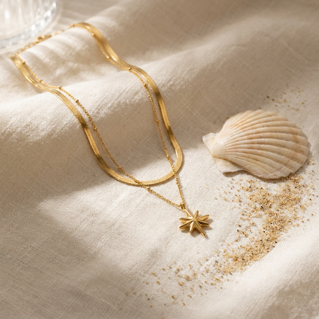 North Star Layered Necklace — Waterproof Gold Pendant styled still life