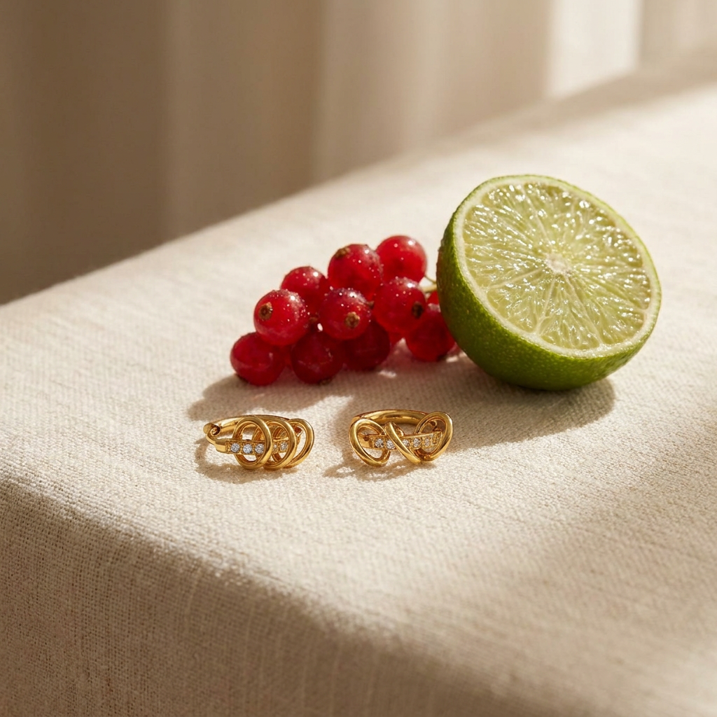 Interlocking Pave Hoops — Kinetic Gold Hoop Earrings styled still life