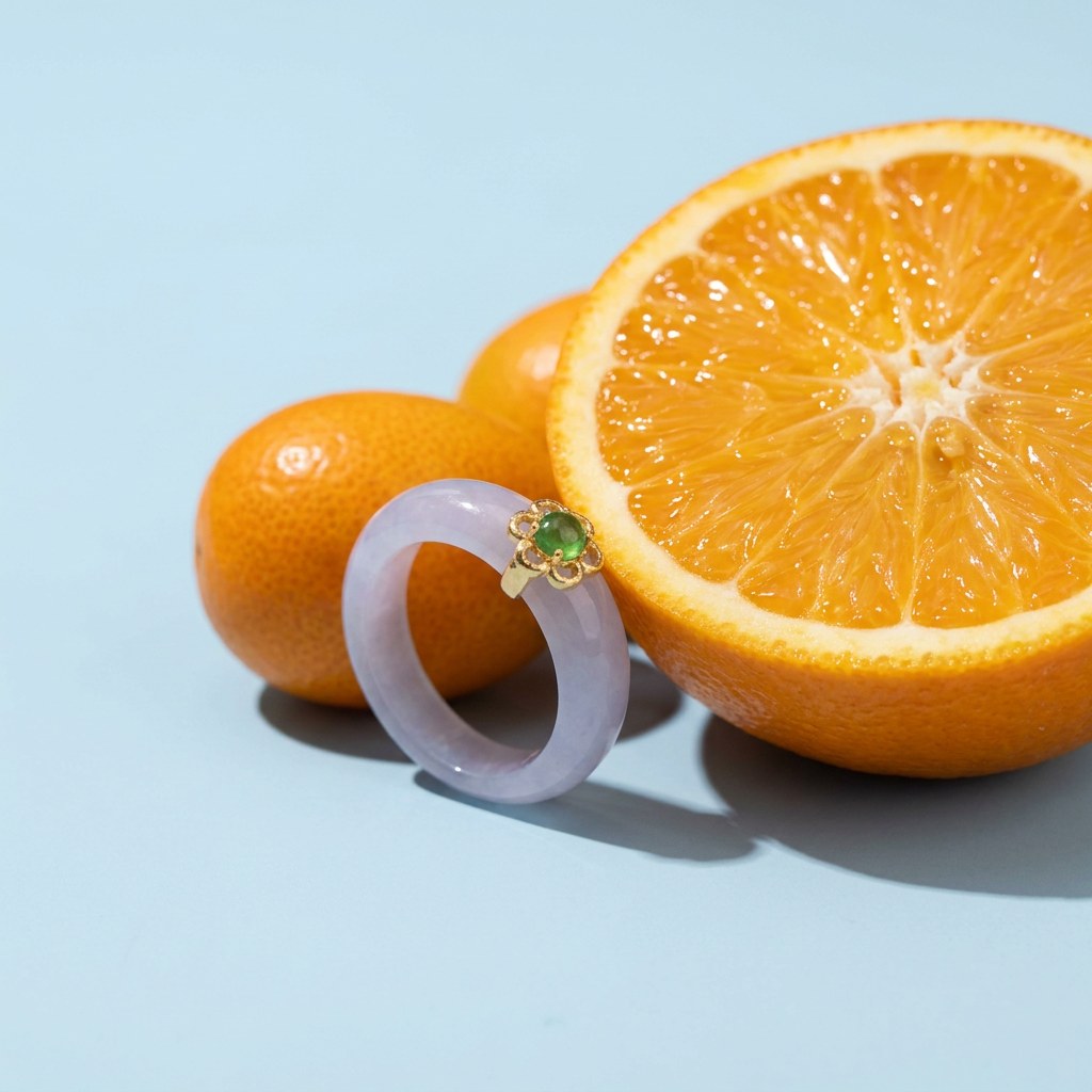 Lyla White Jade Band Ring on a pale blue backdrop beside a halved orange and two kumquats