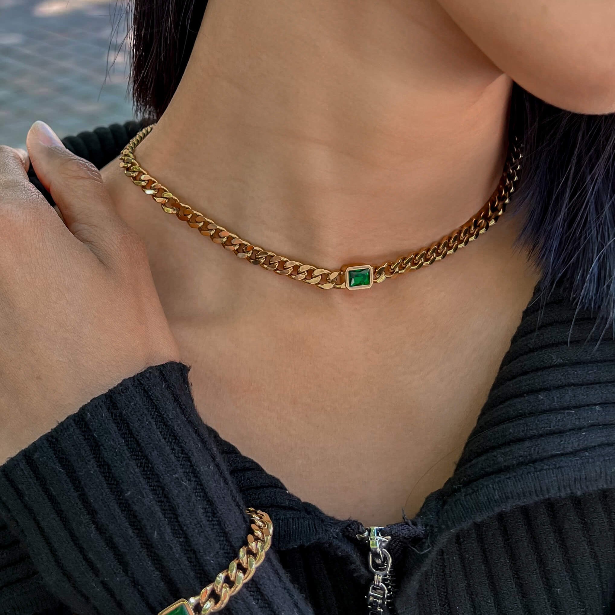 Emerald Gem Curb Chain Necklace, waterproof 18k gold-plated stainless steel