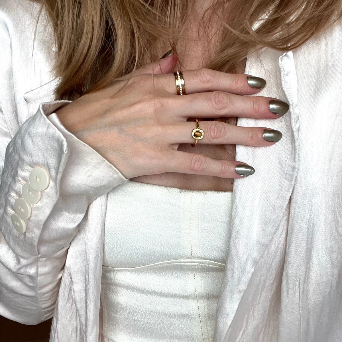 minimal tiger's eye ring in stainless steel, gold waterproof ring for women