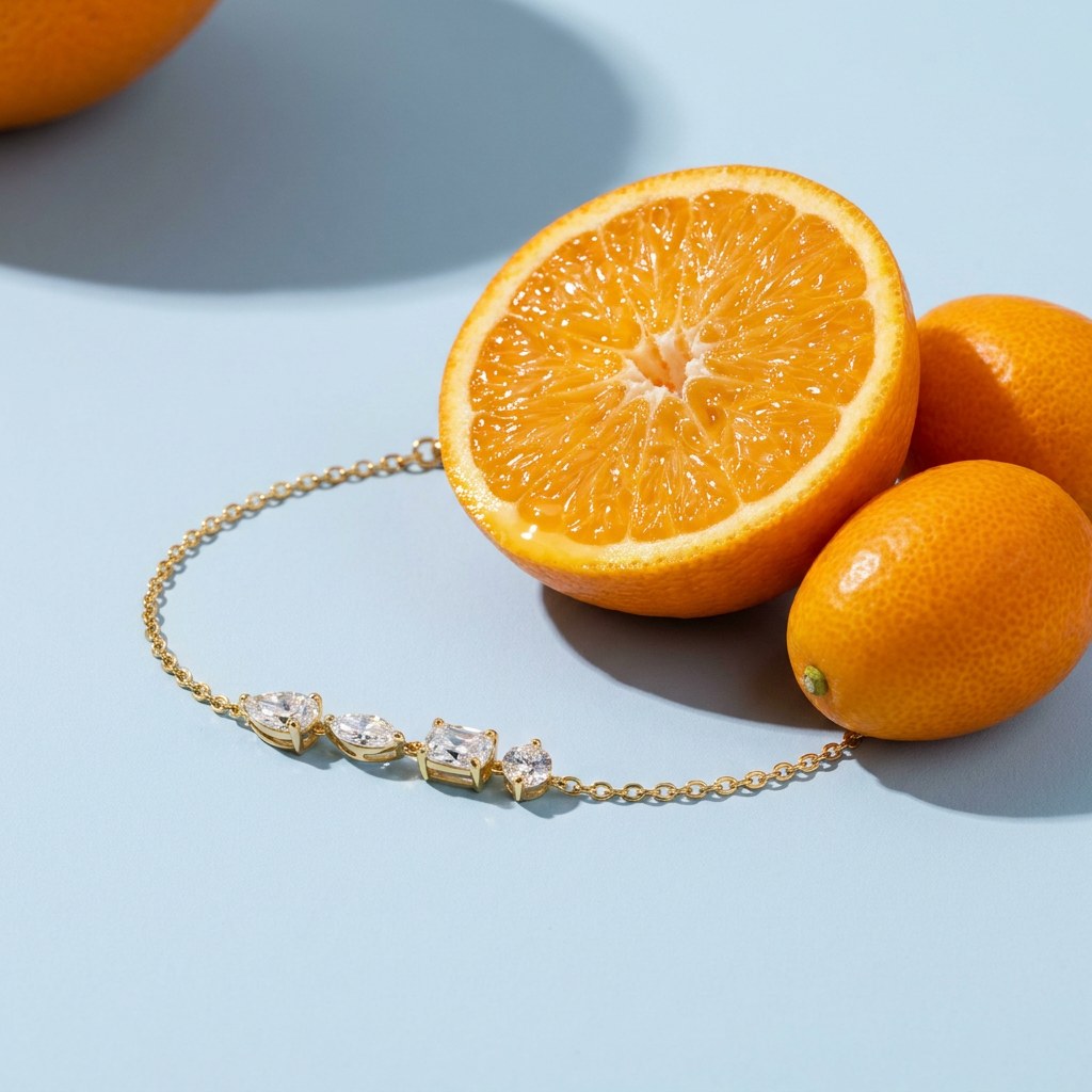 Mixed Cut Diamond Bracelet on a pale blue backdrop beside a halved orange and two kumquats