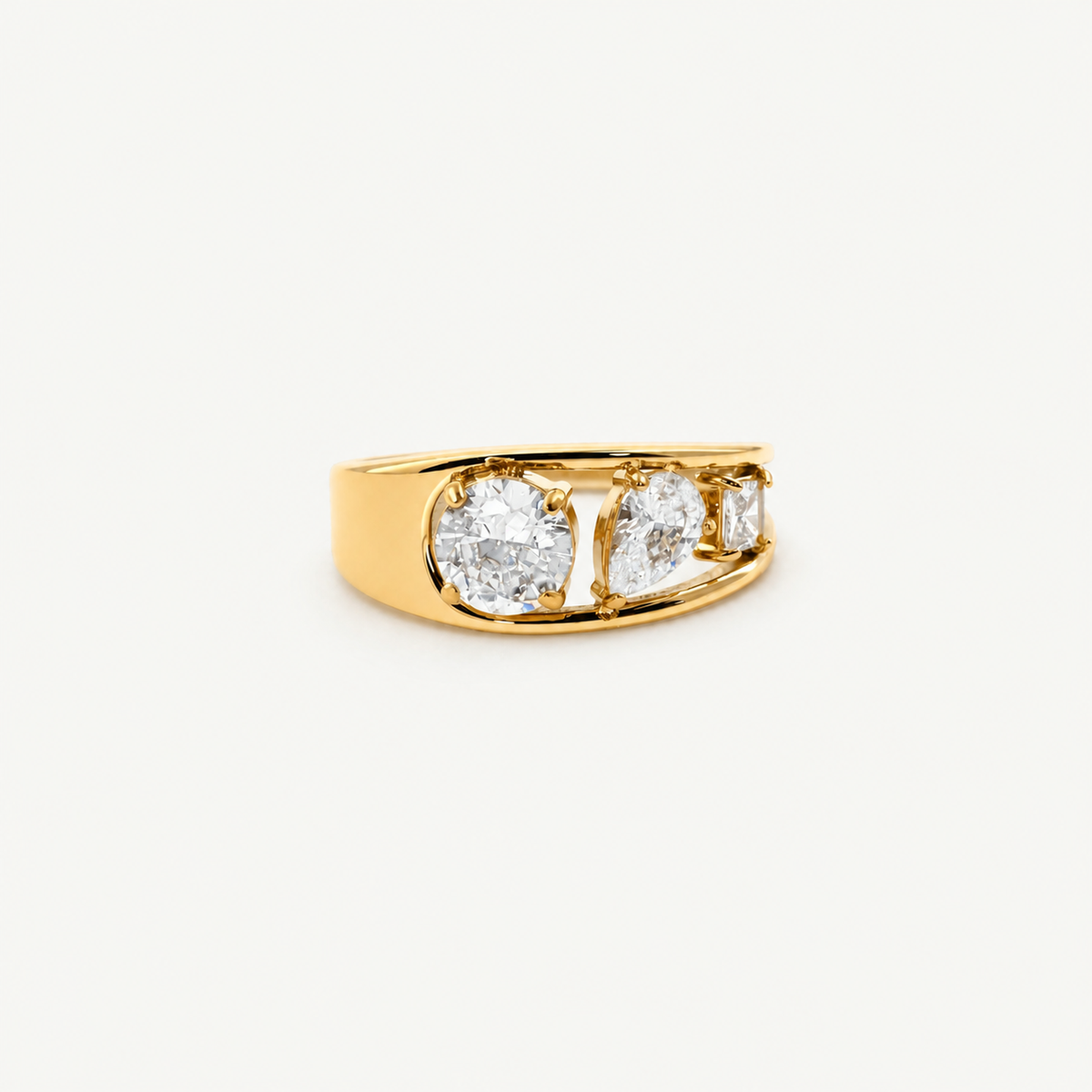 Mixed Cut Three Stone Ring - Open Gold Band
