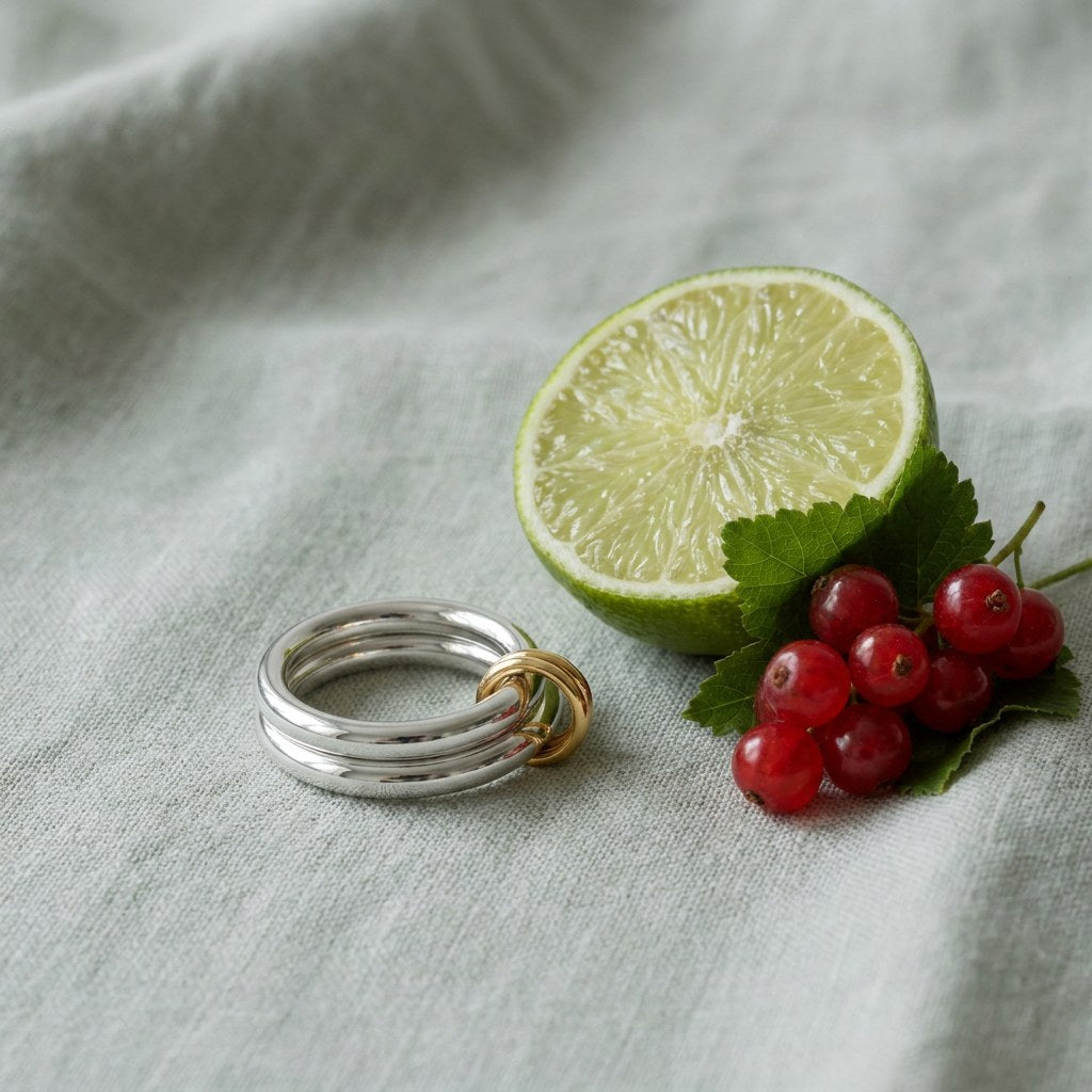 Mixed Metal 2 on pale grey-green linen beside a halved lime and red currants