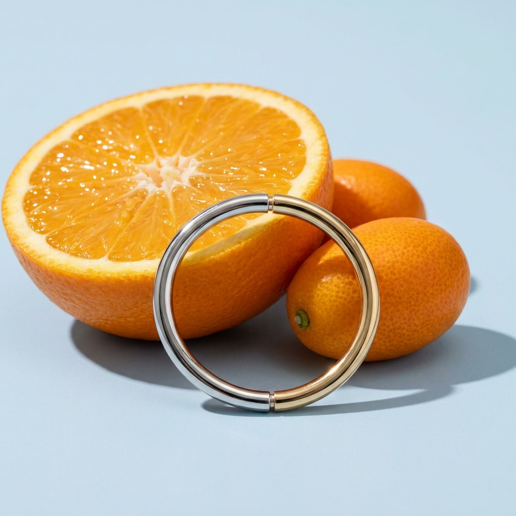 Mixed Thin Ring on a pale blue backdrop beside a halved orange and two kumquats