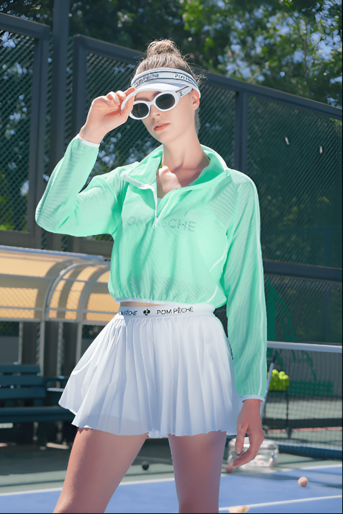 Miya Drawstring Hem Sheer Half Zipped Mesh Neon Green Mist Green Jacket - Stylr