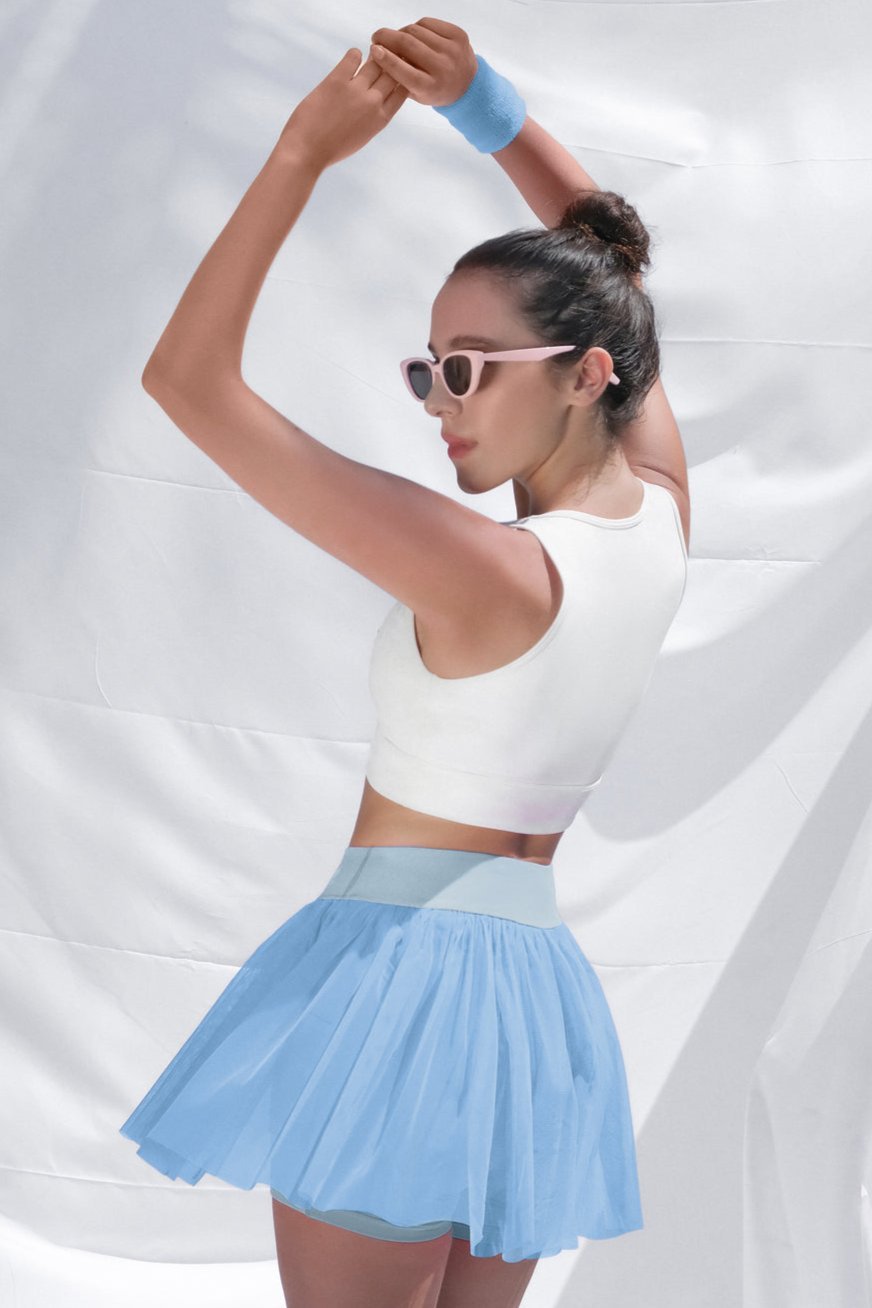 Monica See - through Mesh 2 - in - 1 - Side Pocket Pleated Blue Skirt - Stylr