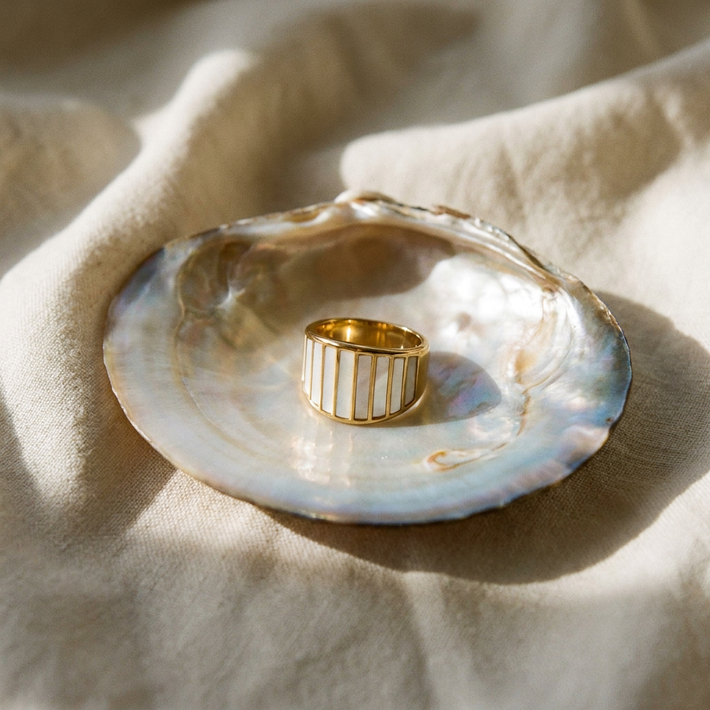 Gold Plated Striped Mother of Pearl Ring | Stylr — lifestyle