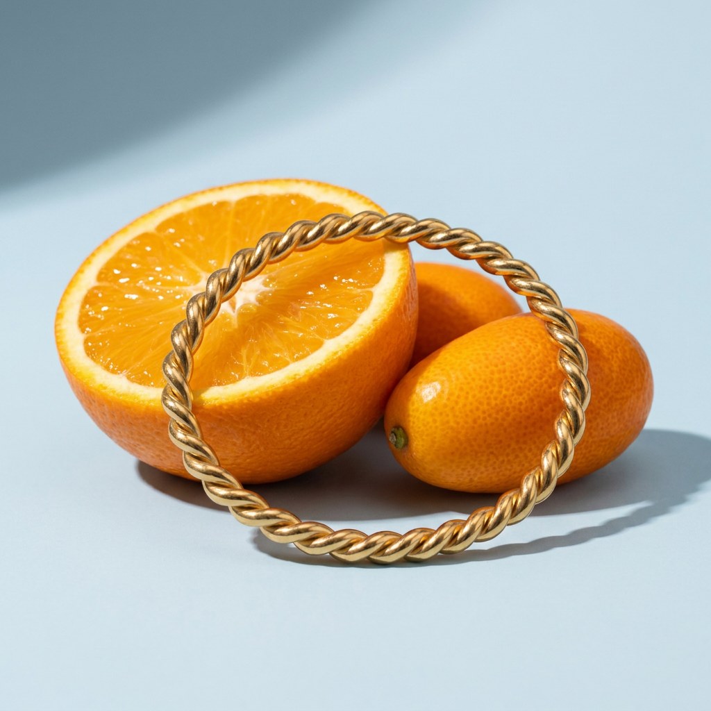 Niko Twisted Cuff Bracelet on a pale blue backdrop beside a halved orange and two kumquats