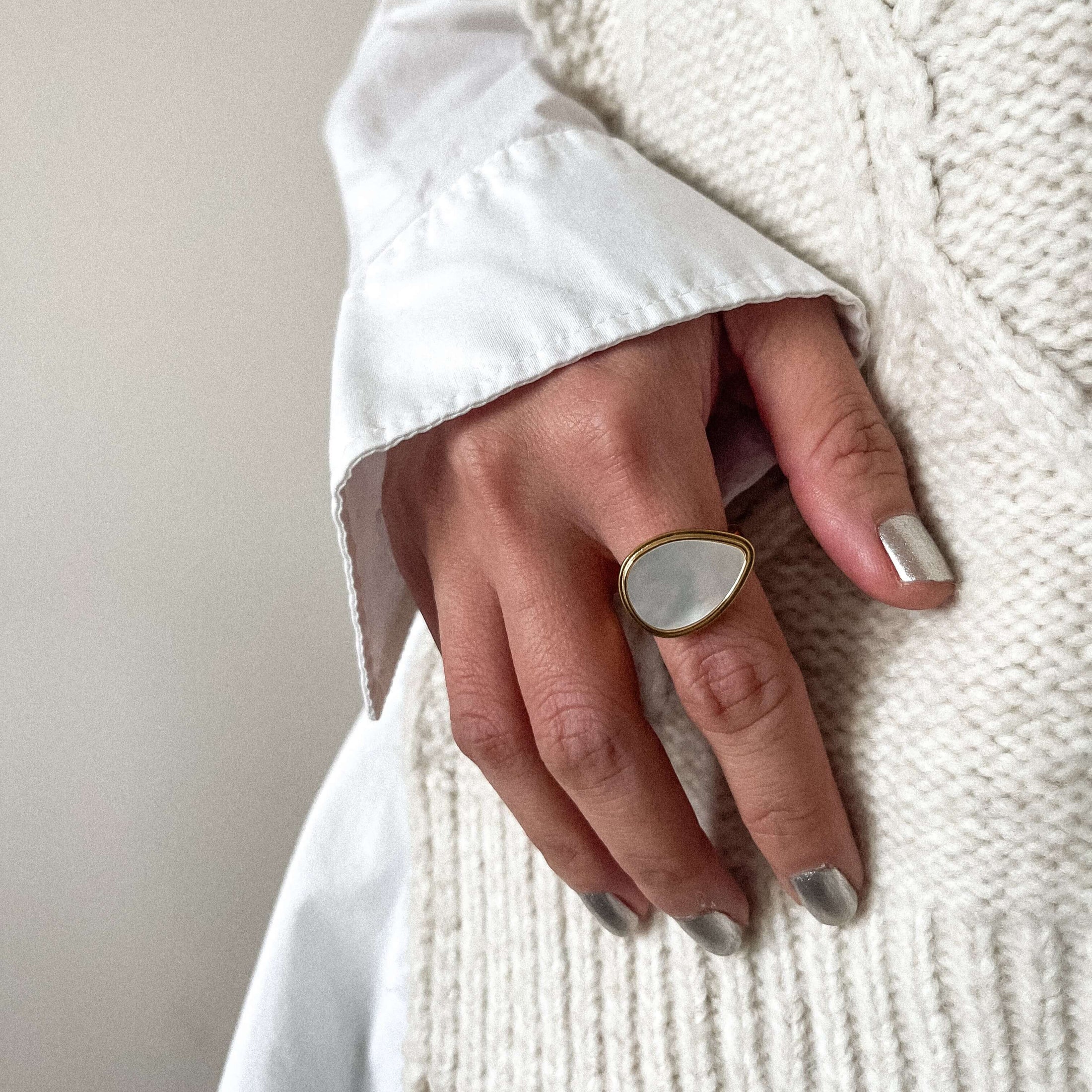 Mother of Pearl Statement Signet Ring, waterproof 18k gold-plated stainless steel