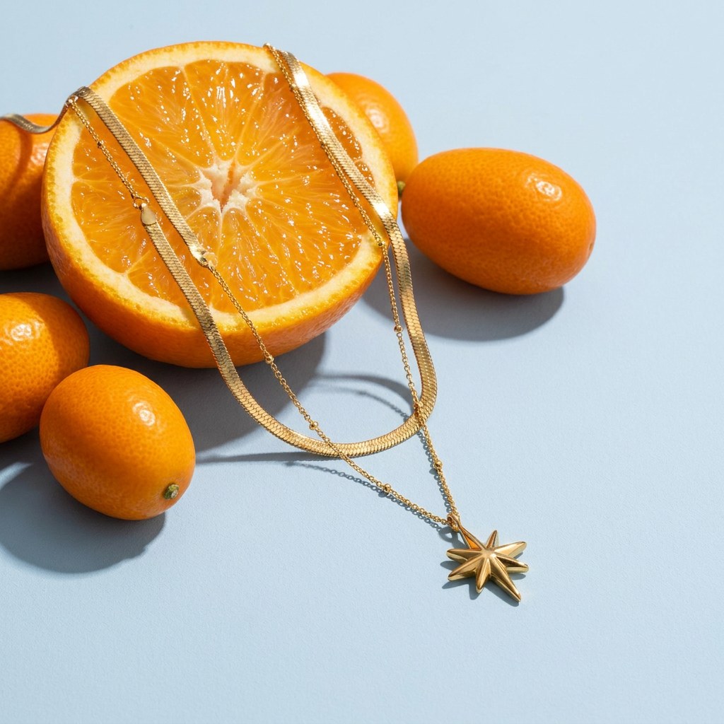 North Star Layered Necklace on a pale blue backdrop beside a halved orange and two kumquats