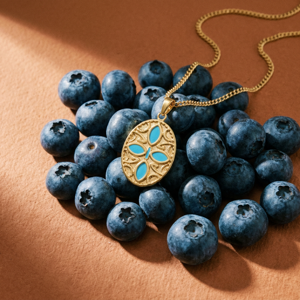 Oval Blue Petals Pendant Necklace — Waterproof 18k Gold — lifestyle
