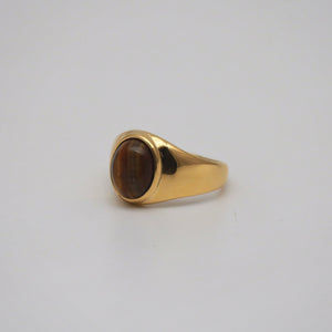 oval tiger's eye ring in stainless steel, gold waterproof ring for daily wear