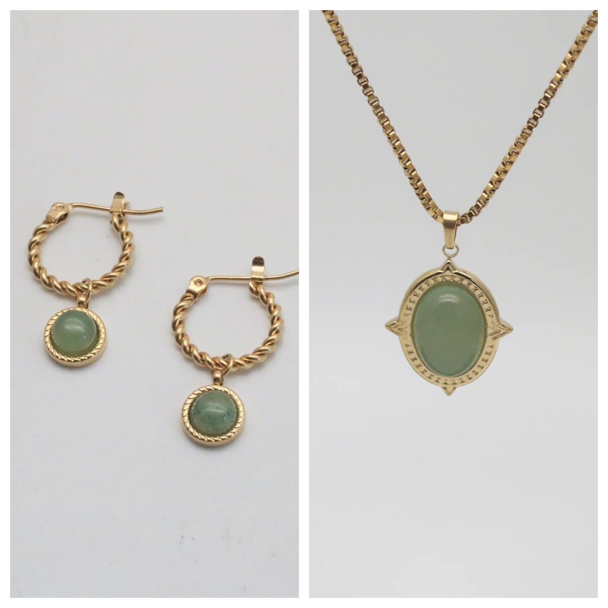 Green Jade Hoop Earrings & Oval Jade Necklace Set