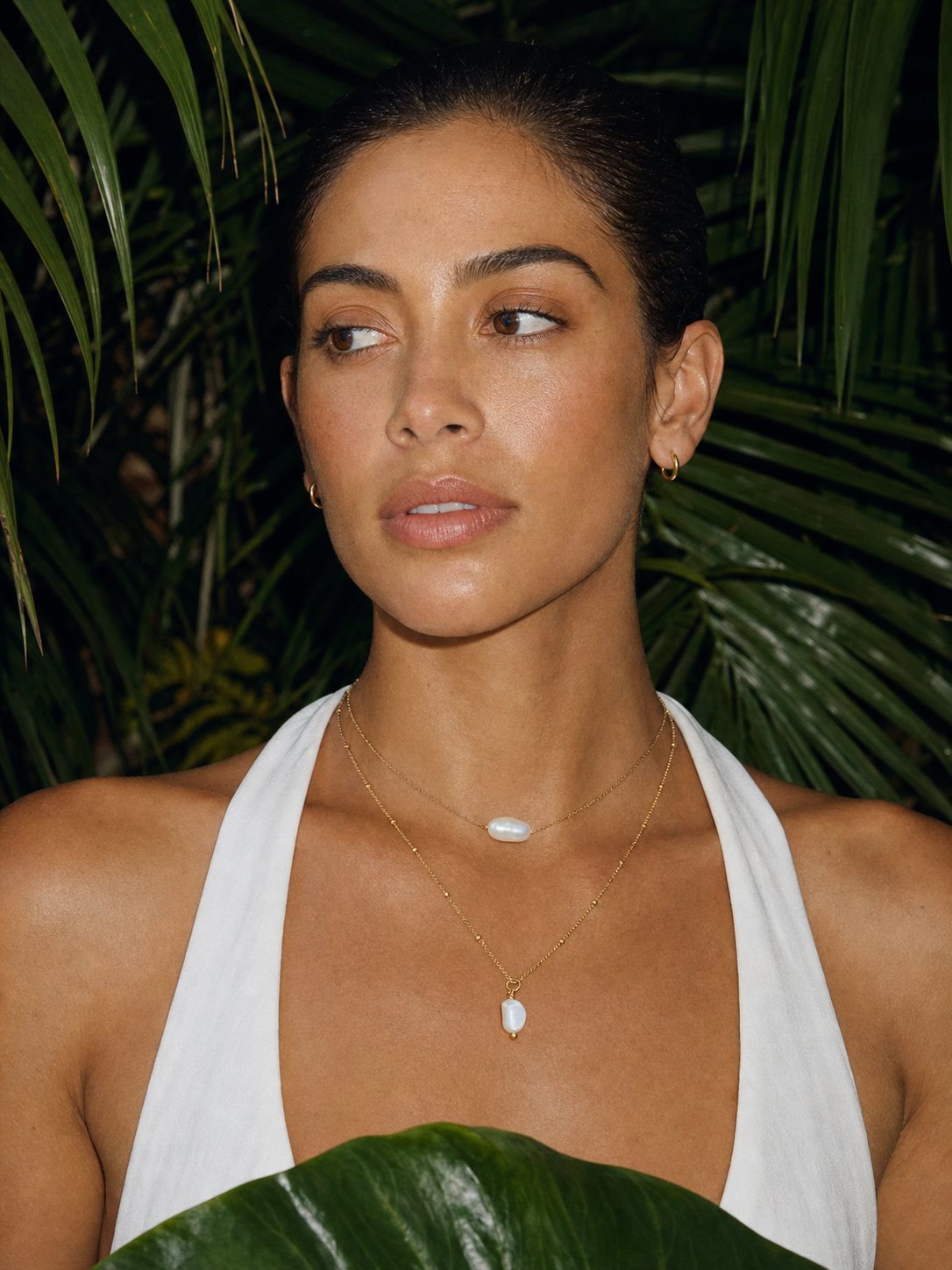 Palm Shadow Pearls jewelry set — worn
