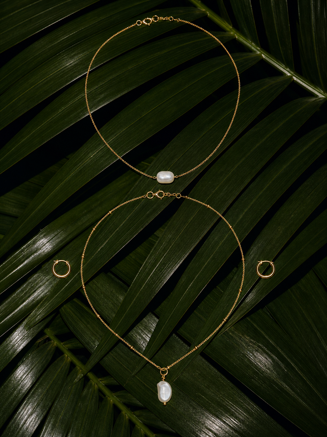 Palm Shadow Pearls jewelry set — flat lay