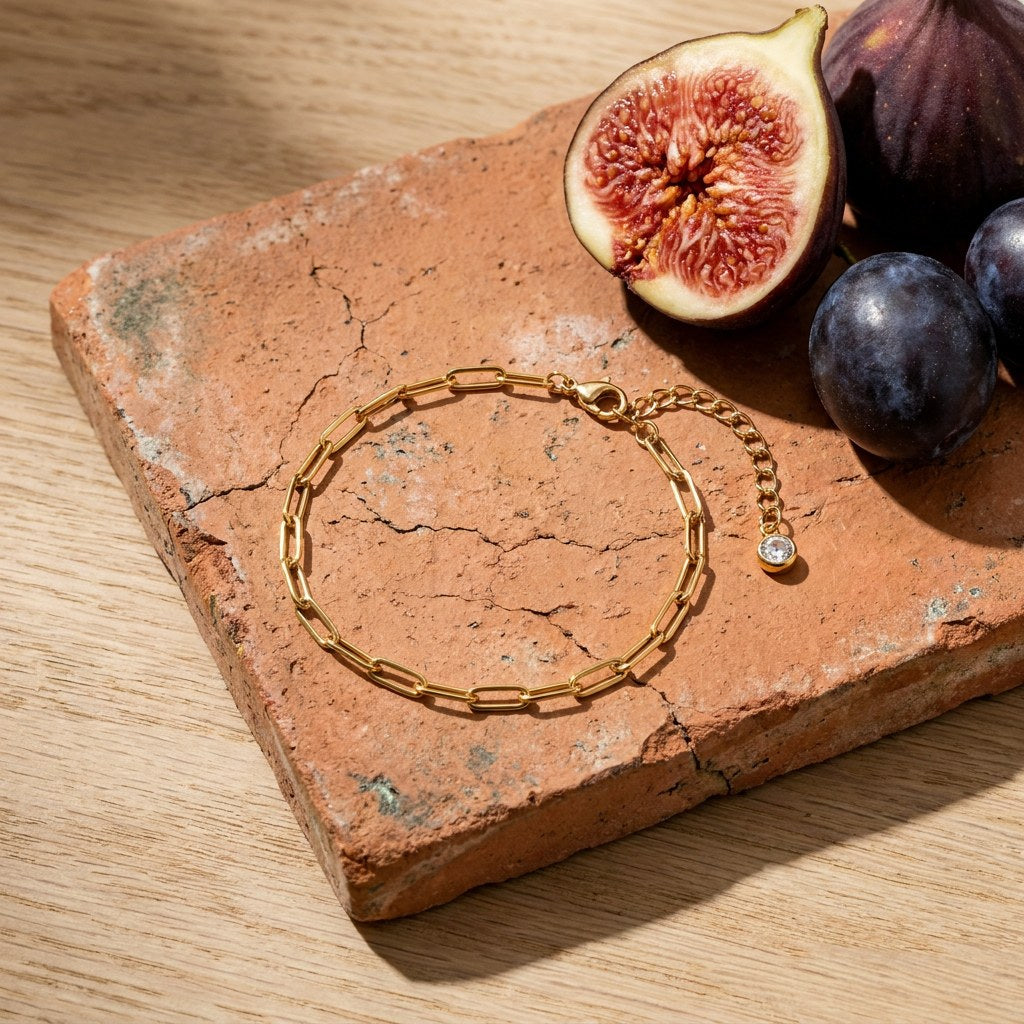 Paperclip Chain Anklet on a weathered terracotta tile with a cut fig and dark plums